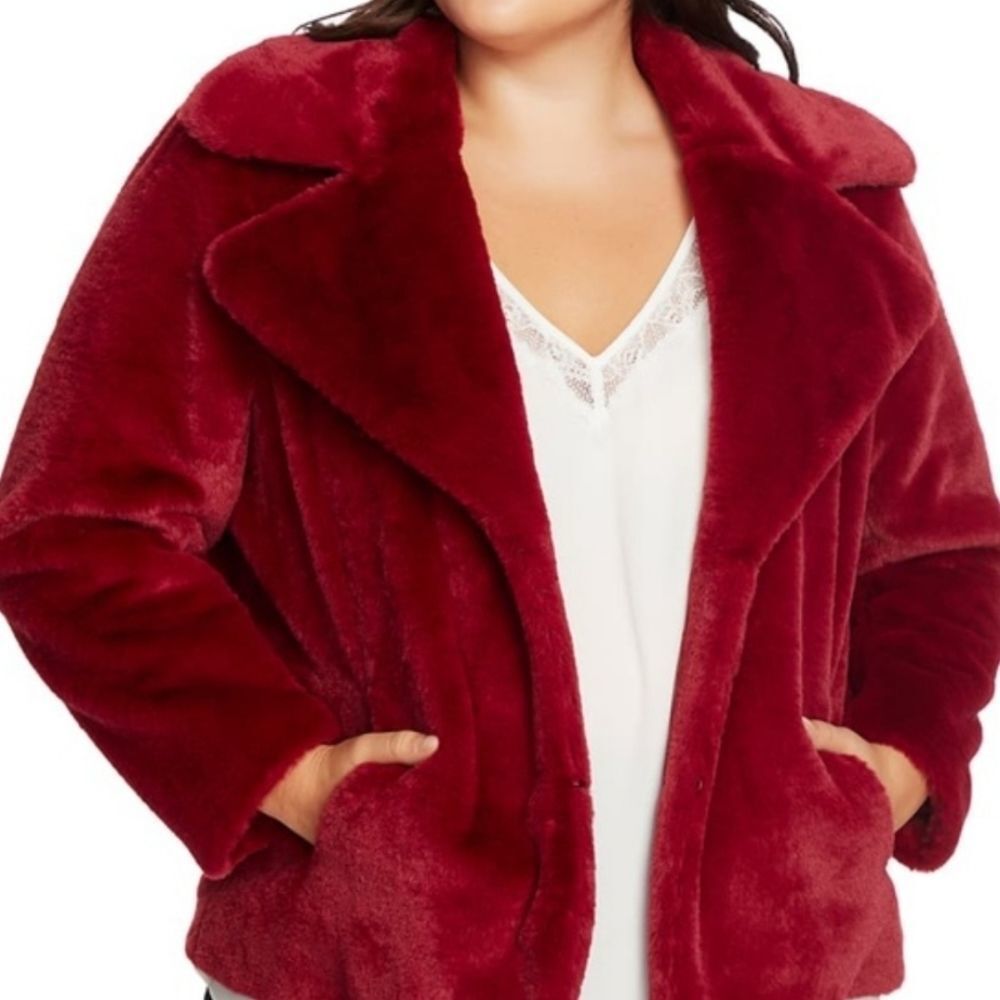 1. State Faux Mink Wide Collar Burgundy Red/Magenta Fur Coat Jacket M‎